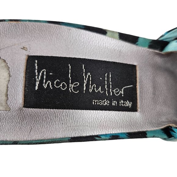 Nicole Miller Heels Womens 9.5M Animal Print Satin Blue Black Strap Italy Dressy - Picture 9 of 9